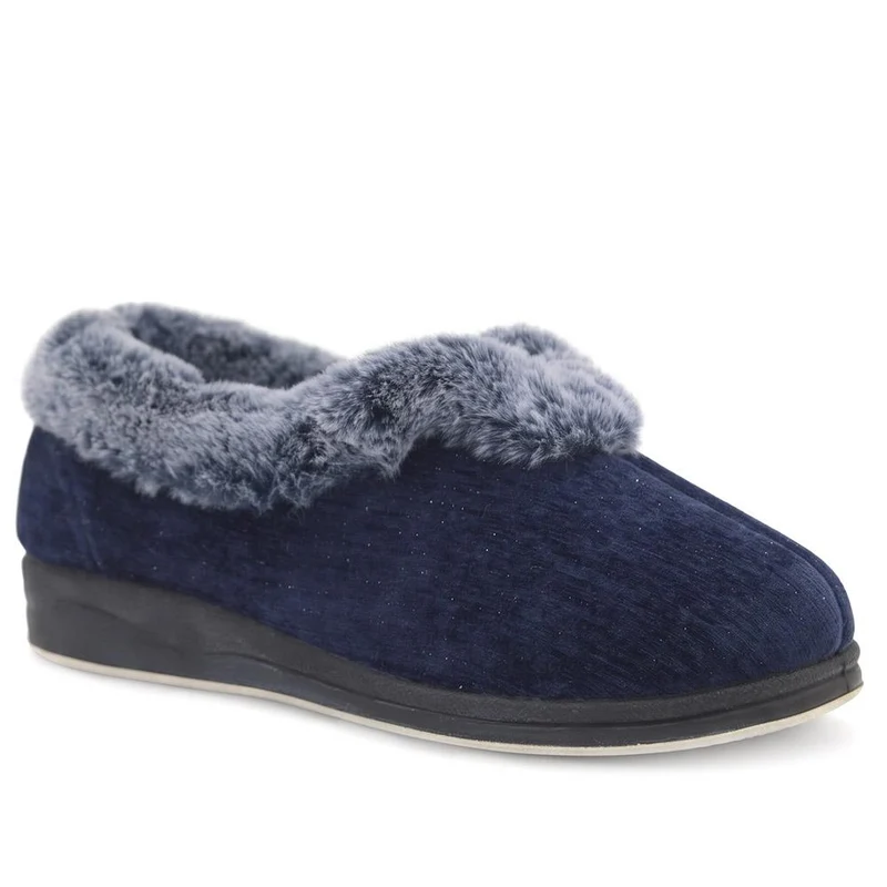 Wide Fit Faux Fur Memory Foam Slippers - QING44002 / 329 840 - Navy