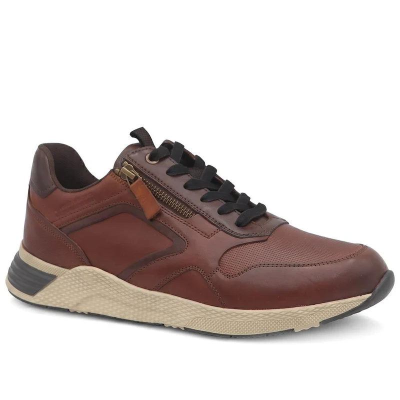 Leather Lace & Zip Fasten Trainers - PARK44005 / 330 211 - Cognac