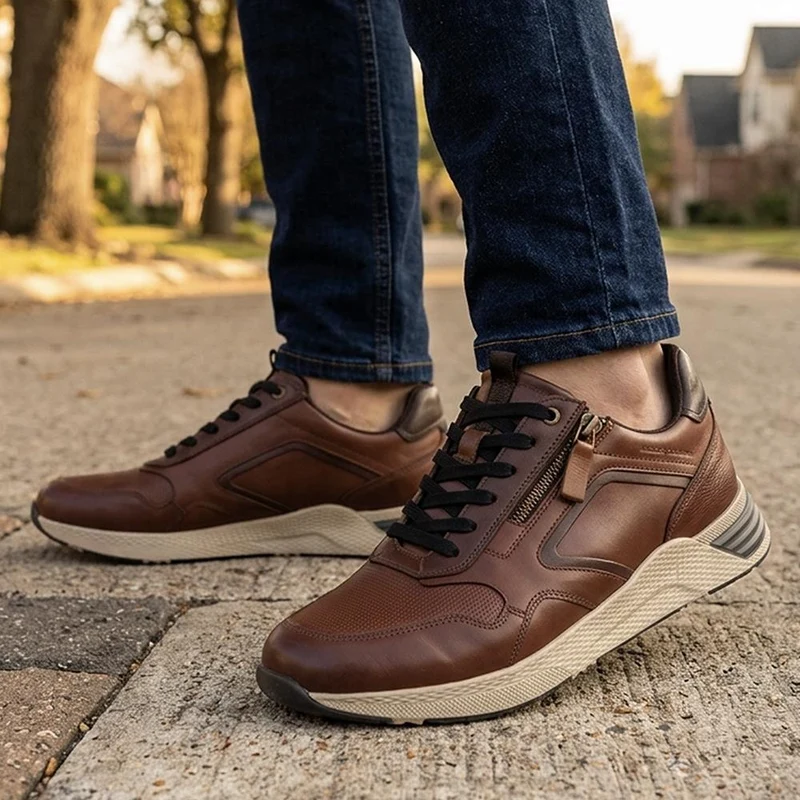 Leather Lace & Zip Fasten Trainers - PARK44005 / 330 211 - Cognac