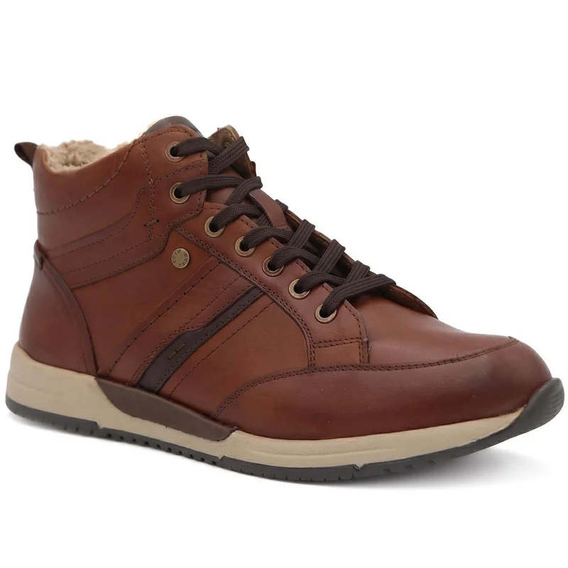 Wide Fit Leather Faux Fur Lined Hi Top Trainers - PARK44008 / 330 214 - Cognac