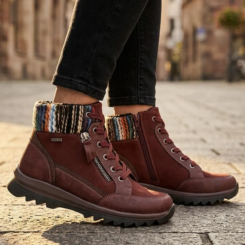 Warm Lined Knitted Cuff Grippy Ankle Boots - WBINS44074 / 330 074 - Burgundy