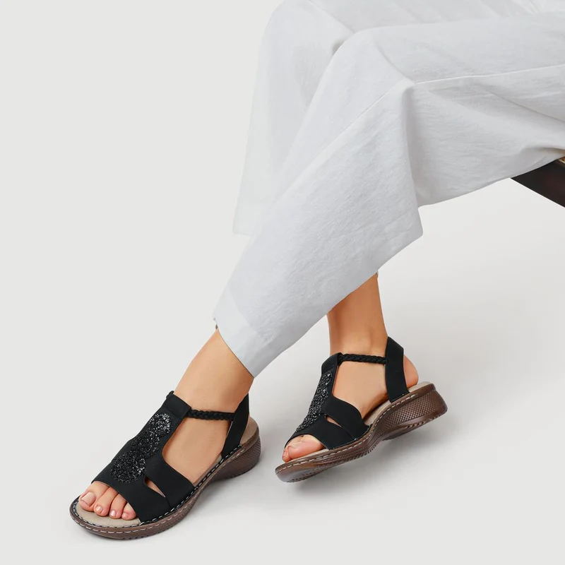 Wide Fit Elasticated Wedge-Heeled Sandals - WBINS41062 / 327 247 - Black