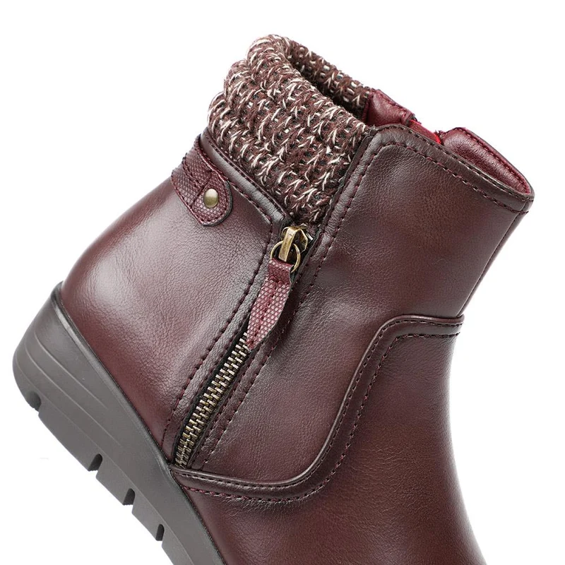 Smart Knitted Cuff Wedged Ankle Boots - WK42019 / 328 378 - Burgundy
