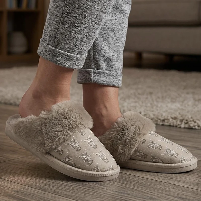 Soft Highland Cow Print Mule Slippers - GALOP44008 / 330 026 - Taupe