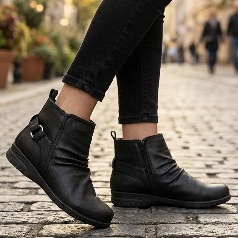 Wide Fit Ruched Design Smart Ankle Boots - WBINS44066 / 329 953 - Black