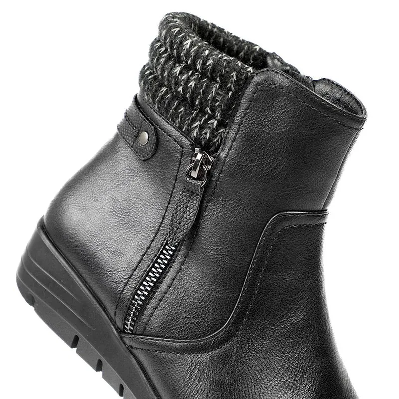 Smart Knitted Cuff Wedged Ankle Boots - WK42019 / 328 378 - Black