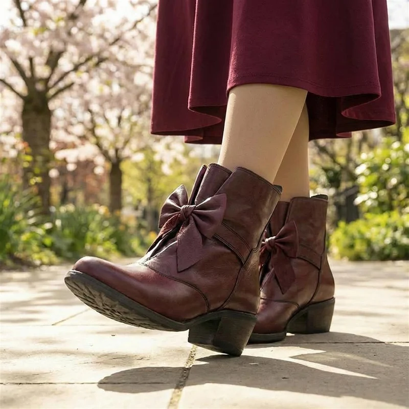 Bellissimo Leather Bow Boots - BELKARY42001 / 328 474 - Burgundy