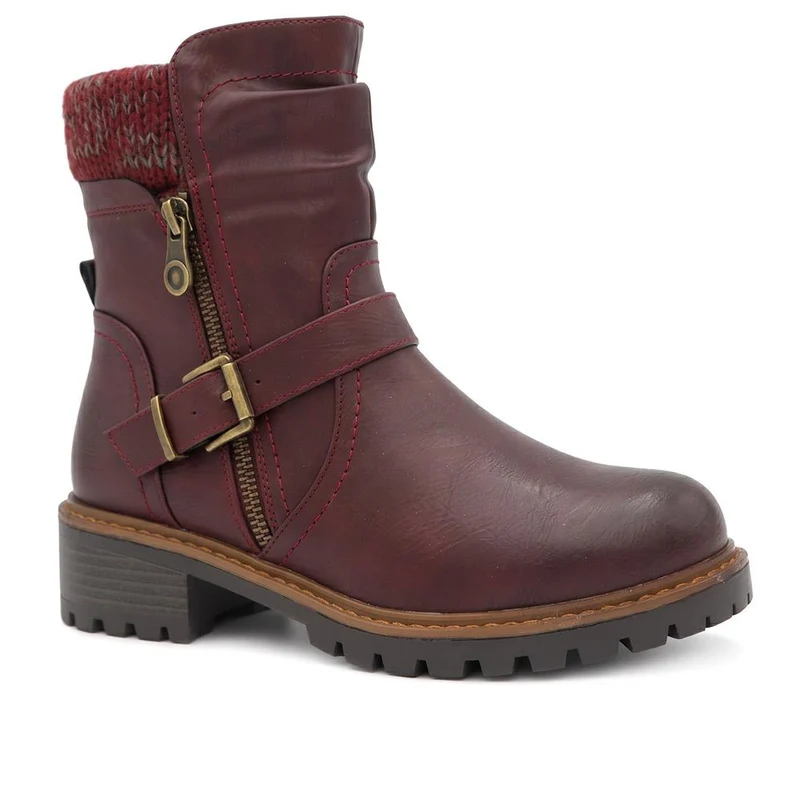 Wide Fit Knitted Cuff Buckled Strap Ankle Boots - LAND44013 / 329 631 - Burgundy