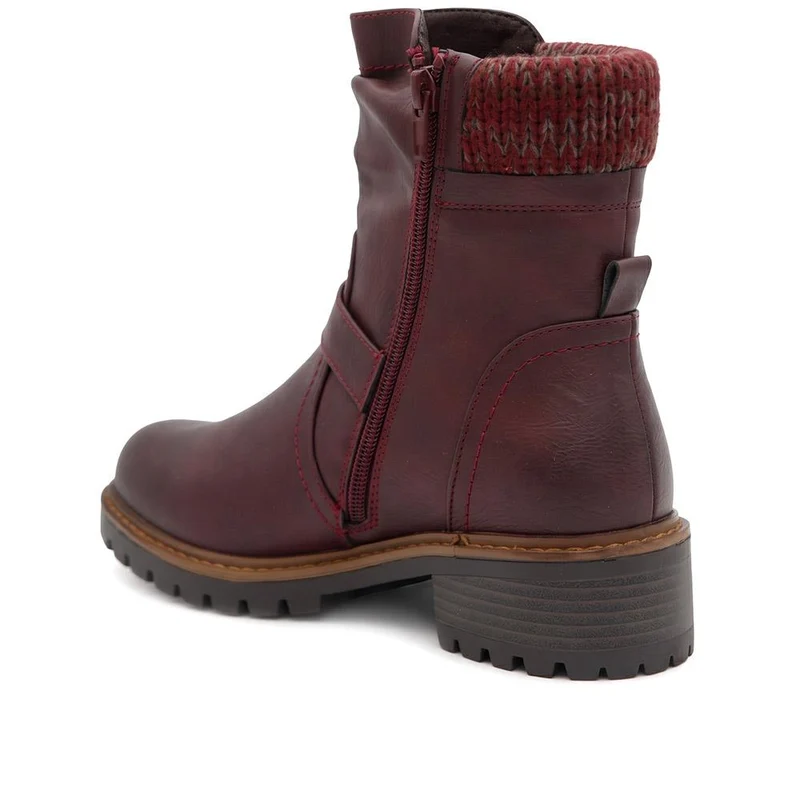 Wide Fit Knitted Cuff Buckled Strap Ankle Boots - LAND44013 / 329 631 - Burgundy