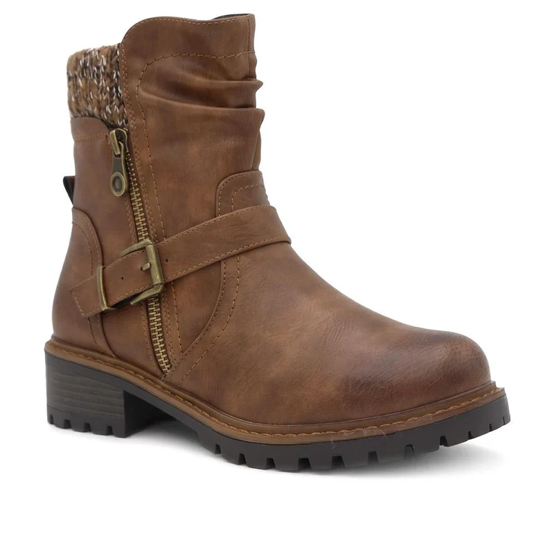 Wide Fit Knitted Cuff Buckled Strap Ankle Boots - LAND44013 / 329 631 - Tan