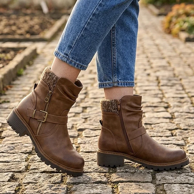 Wide Fit Knitted Cuff Buckled Strap Ankle Boots - LAND44013 / 329 631 - Tan