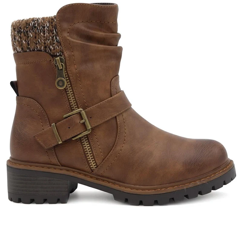 Wide Fit Knitted Cuff Buckled Strap Ankle Boots - LAND44013 / 329 631 - Tan