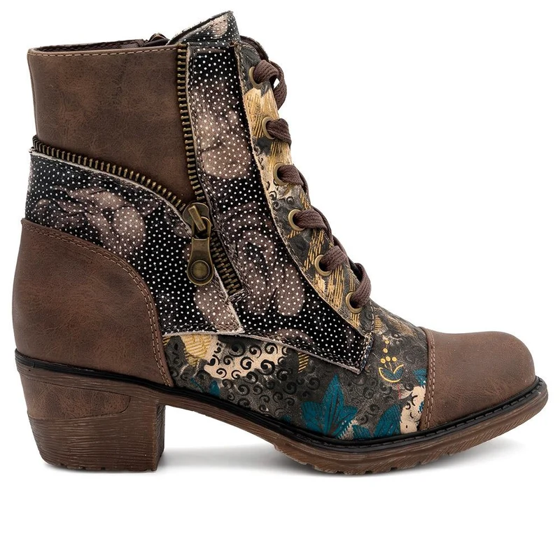 Two Tone Patterned Lace Up Ankle Boots - WBINS44011 / 330 043 - Brown Multi