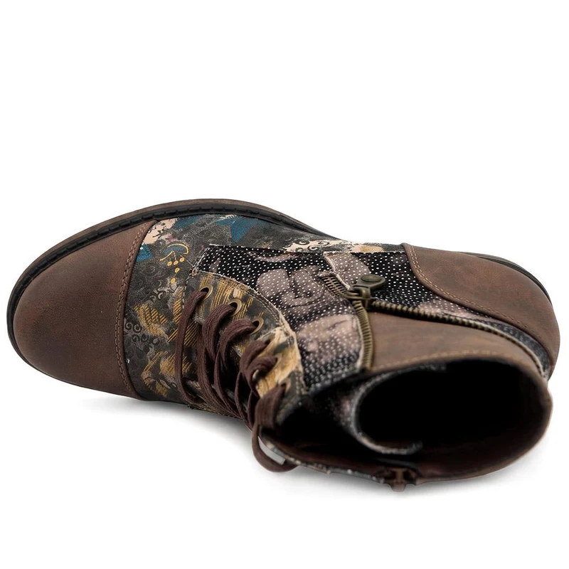 Two Tone Patterned Lace Up Ankle Boots - WBINS44011 / 330 043 - Brown Multi