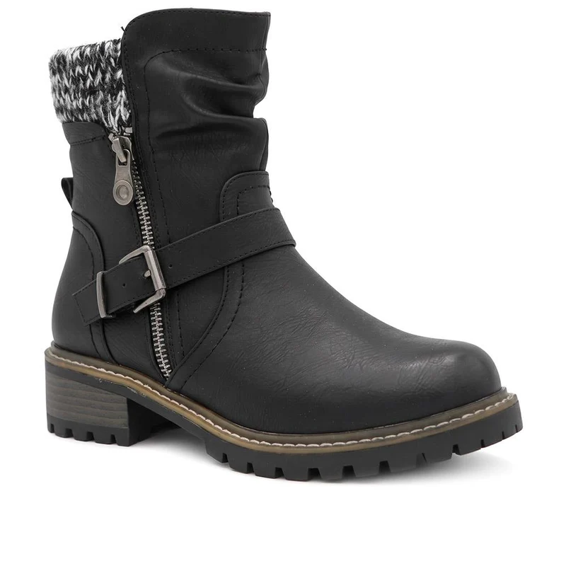Wide Fit Knitted Cuff Buckled Strap Ankle Boots - LAND44013 / 329 631