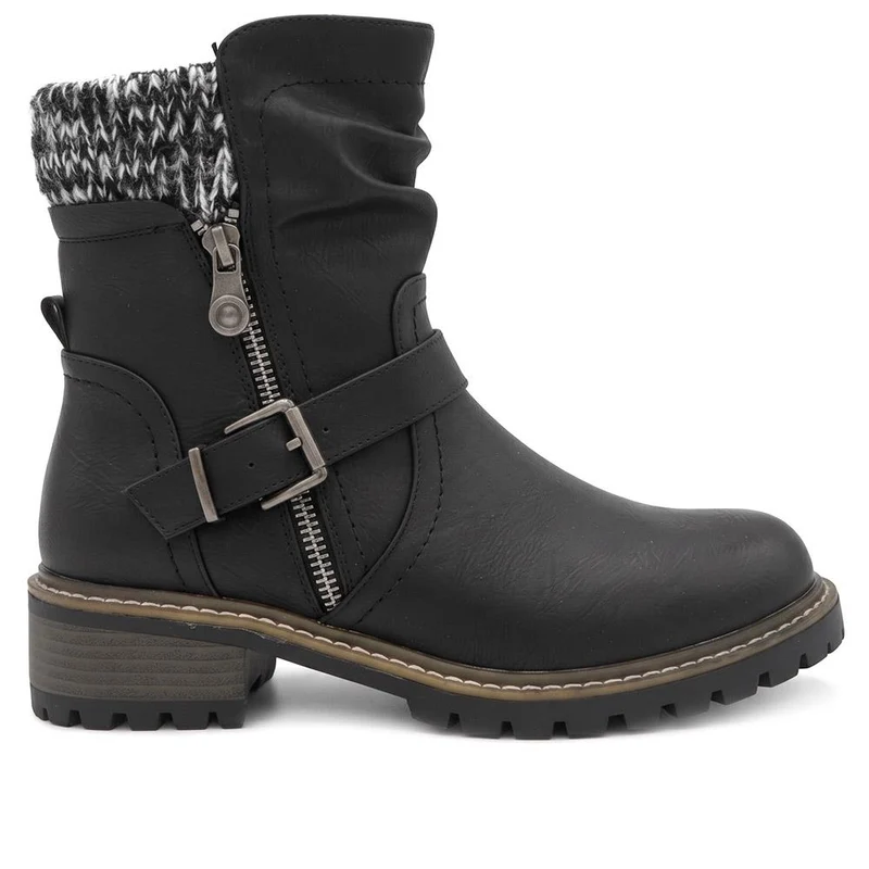 Wide Fit Knitted Cuff Buckled Strap Ankle Boots - LAND44013 / 329 631 - Black