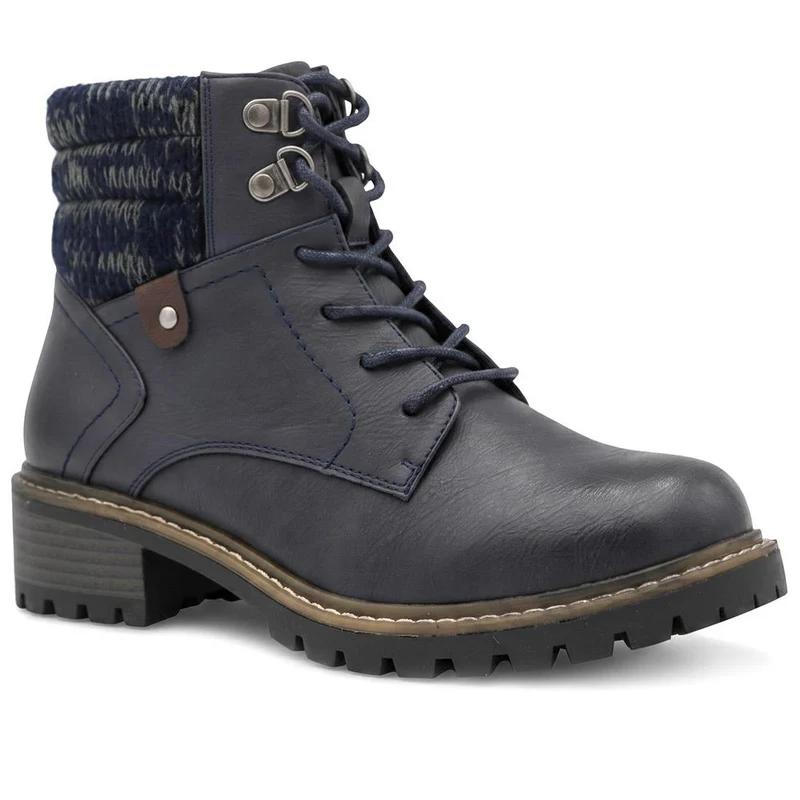 Wide Fit Knitted Cuff Lace Up Boots - LAND44006 / 329 629 - Navy