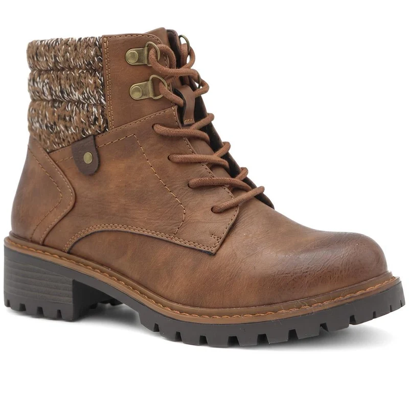 Wide Fit Knitted Cuff Lace Up Boots - LAND44006 / 329 629 - Tan