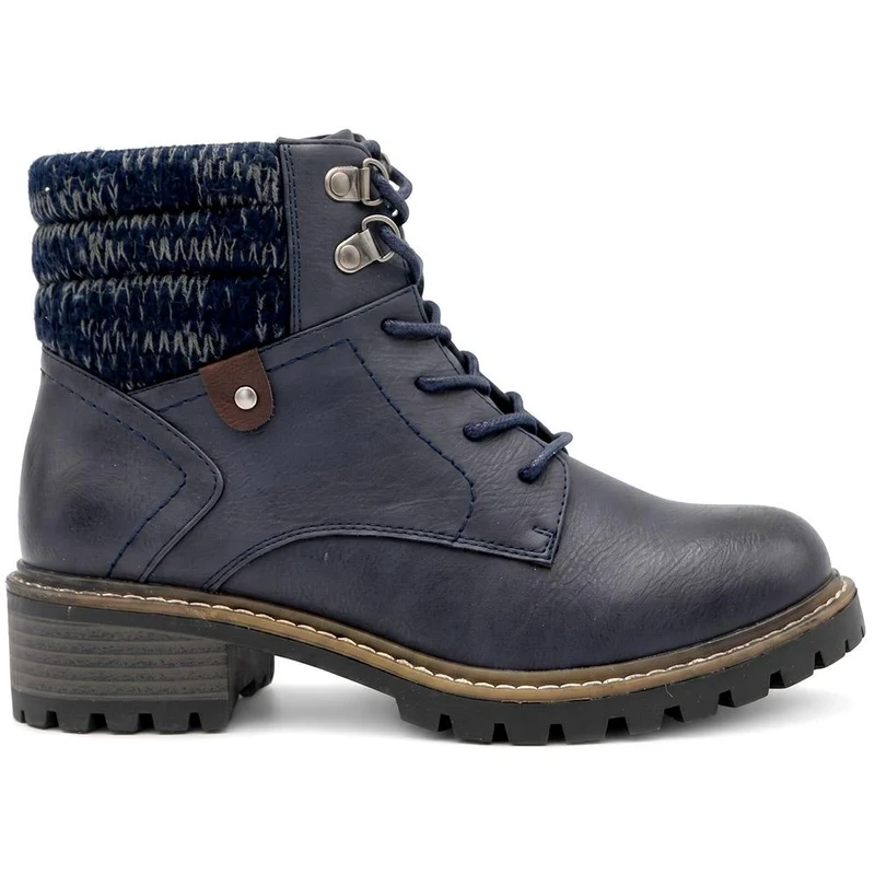 Wide Fit Knitted Cuff Lace Up Boots - LAND44006 / 329 629 - Navy
