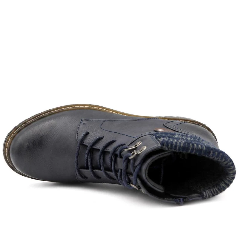 Wide Fit Knitted Cuff Lace Up Boots - LAND44006 / 329 629 - Navy