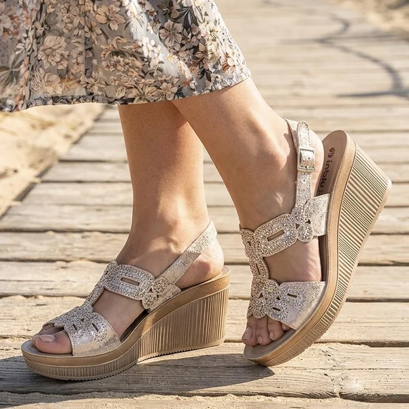 Inblu Wedge Heel Slingback Sandals - INB43048 / 330 367 - Soft Gold