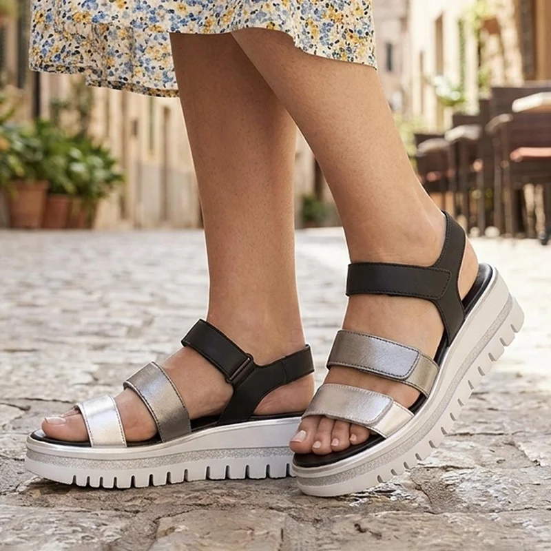Gabor Triple Adjustable Strap Wedge Sandals - GABC43509 / 330 407 - Black-Silver