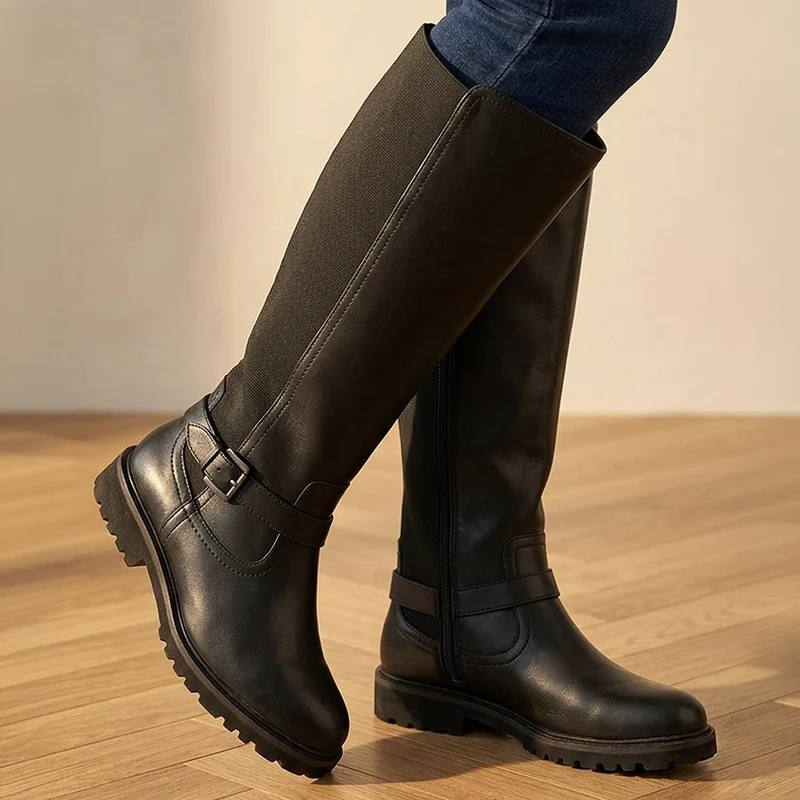 EasyFit Extra Wide Leather Stretch Back Long Boots - BROADWAY / 330 110 - Black