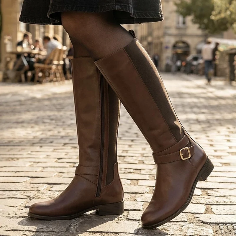 Leather Buckle Detailed Long Boots - MINTL44003 / 329 970 - Chocolate