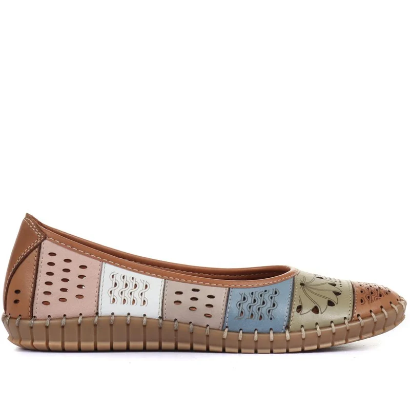 Flat Leather Ballerina Shoes - BELMETIN31009 / 317 955 - Tan Multi