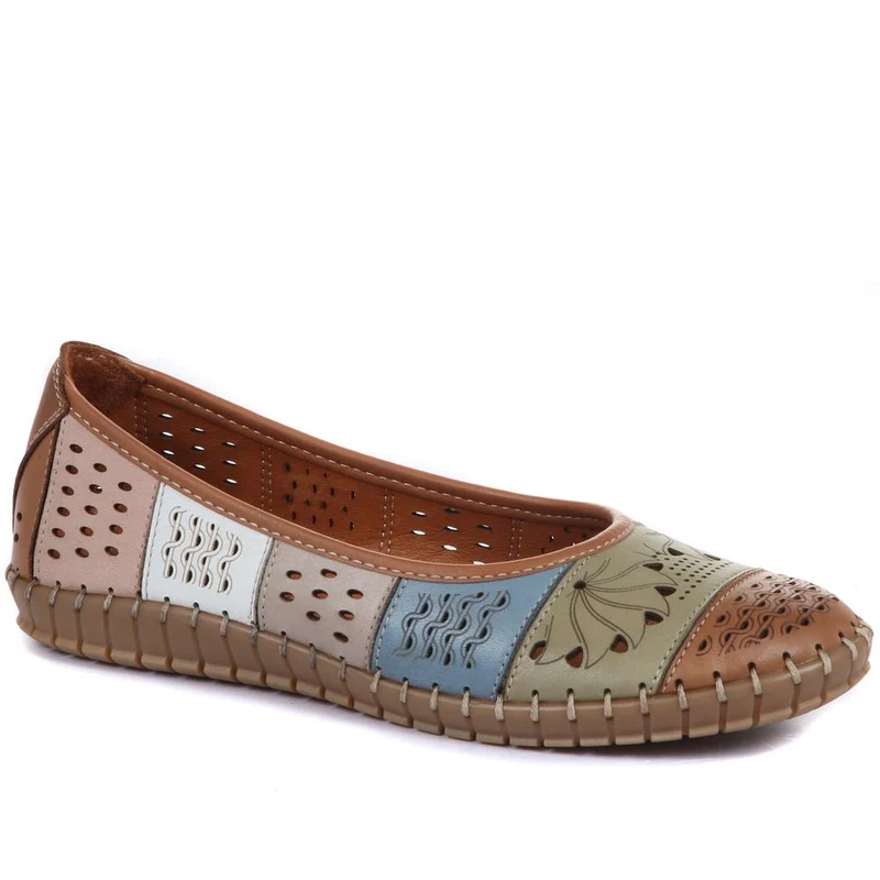 Flat Leather Ballerina Shoes - BELMETIN31009 / 317 955 - Tan Multi