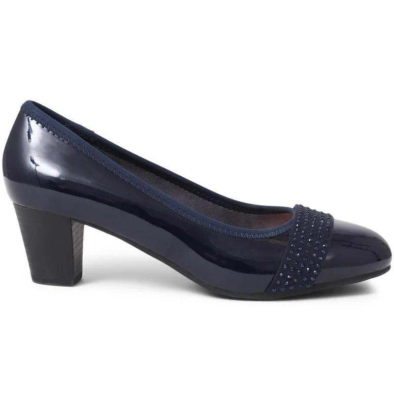 Wide Fit Block-Heeled Court Shoes - PLAN39009 / 325 527 - Navy Patent
