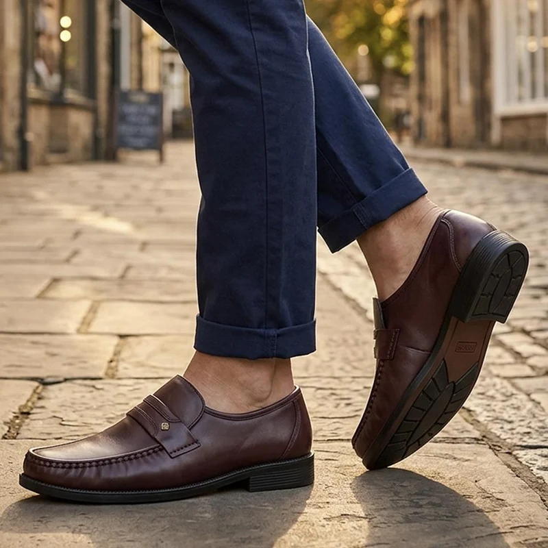 Wide Fit Smart Leather Saddle Strap Loafers - MOEN43012 / 329 585 - Burgundy