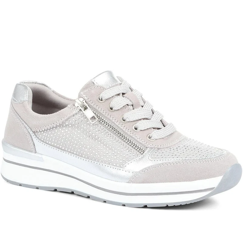 Wide Fit Lace-Up Leather Trainers - BRK35087 / 322 550 - Silver