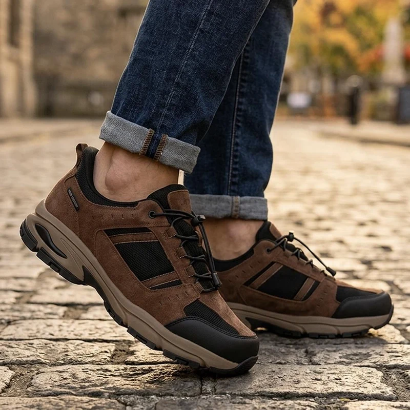 Wide Fit Rugged Lace Up Walking Trainers - BOJIE44007 / 330 293 - Brown-Black