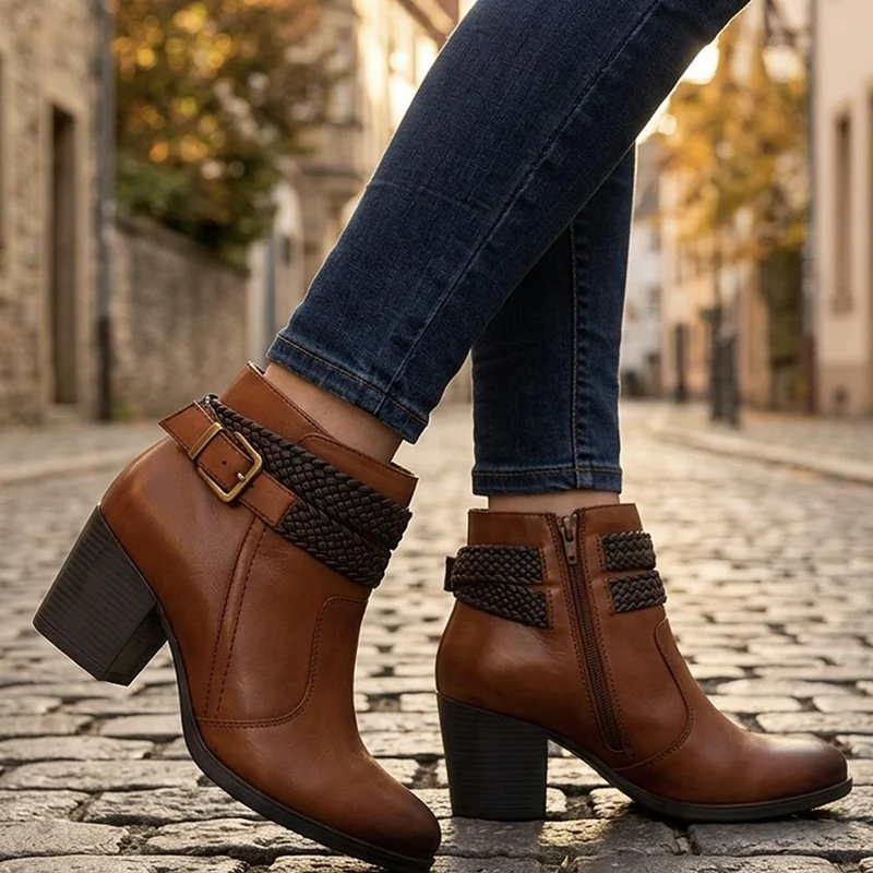 Bellissimo Leather Woven Strap Detail Ankle Boots - BELRNB44007 / 330 081 - Tan