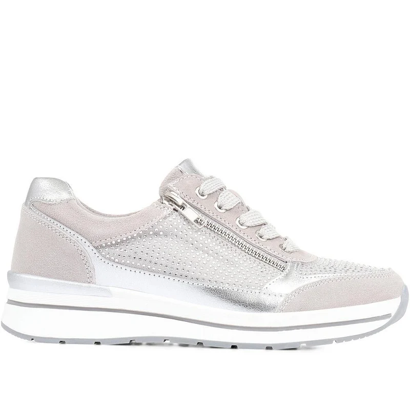 Wide Fit Lace-Up Leather Trainers - BRK35087 / 322 550 - Silver