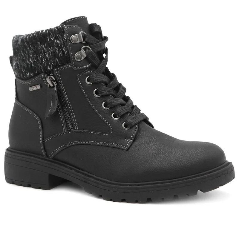 Knitted Cuff Zip & Lace Walking Boots - WBINS44080 / 330 003 - Black