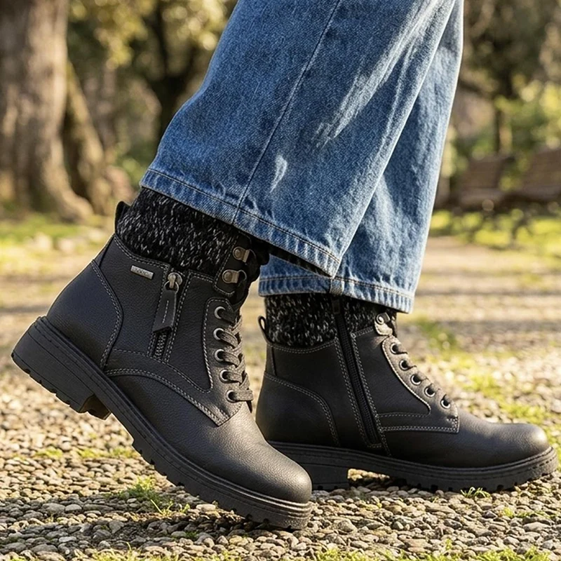 Knitted Cuff Zip & Lace Walking Boots - WBINS44080 / 330 003 - Black