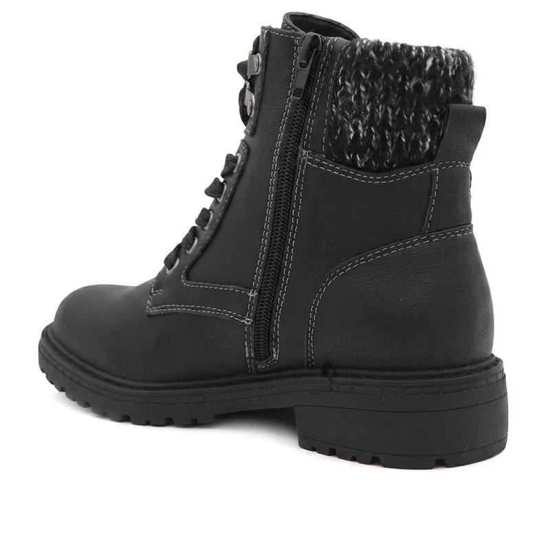 Knitted Cuff Zip & Lace Walking Boots - WBINS44080 / 330 003 - Black