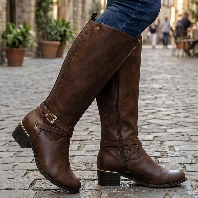 Stretch Back Buckle Detail Long Boots - WOIL40031 / 326 110 - Brown