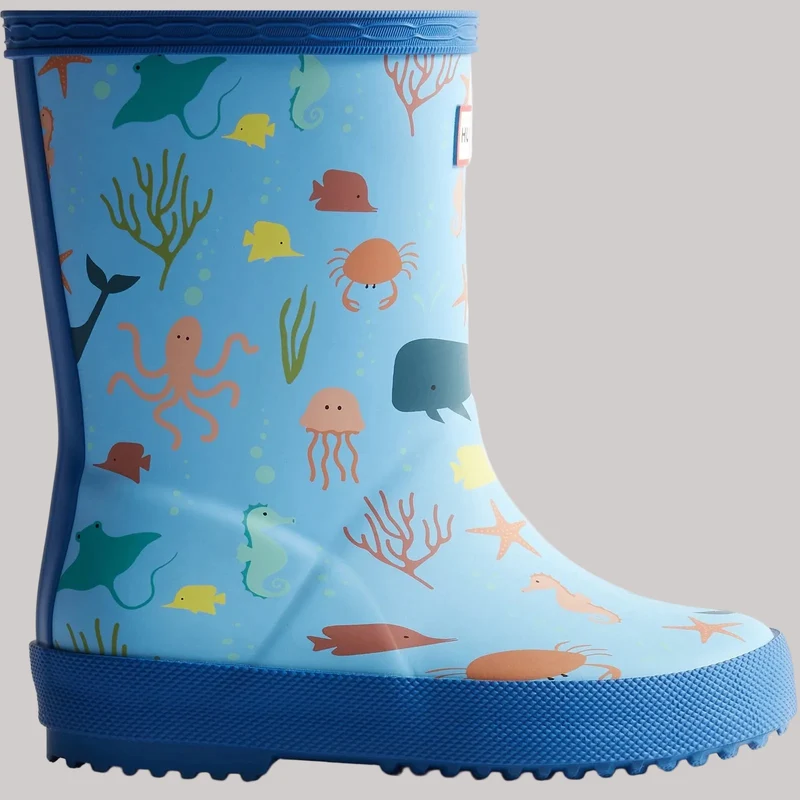 Hunter Kids First Klassischer Gummistiefel mit Ozeanmuster | Verstärkendes Blau Libellenblau