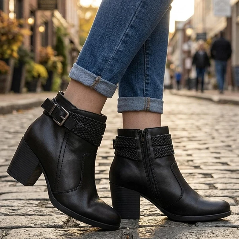 Bellissimo Leather Woven Strap Detail Ankle Boots - BELRNB44007 / 330 081 - Black