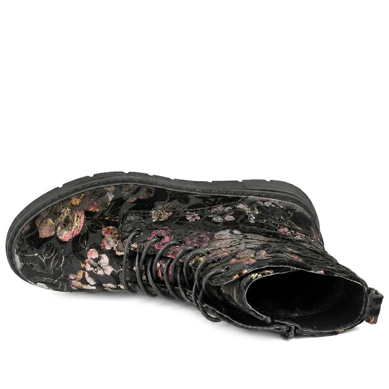 Wide Fit Lace Up Floral Ankle Boots - WBINS44081 / 330 004 - Black Floral