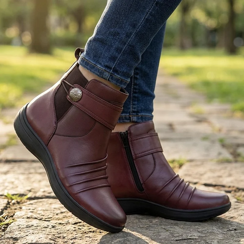 Wide Fit Leather Zip Up Ankle Boots - KF44007 / 330 050 - Burgundy
