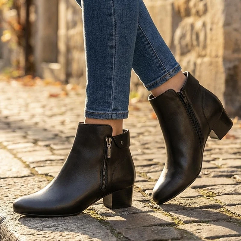 Smart Zip Up Leather Ankle Boots - MAGNU44006 / 330 055 - Black