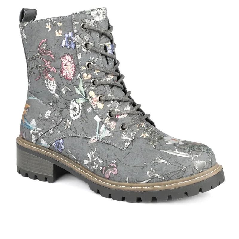 Wide Fit Floral Lace Up Boots - LAND44008 / 329 630 - Grey Floral