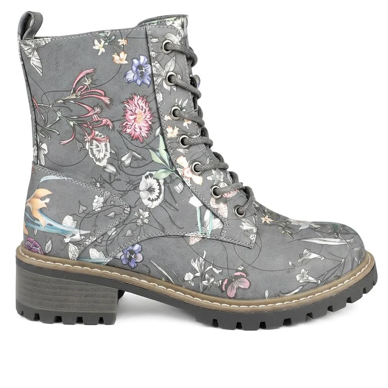 Wide Fit Floral Lace Up Boots - LAND44008 / 329 630 - Grey Floral