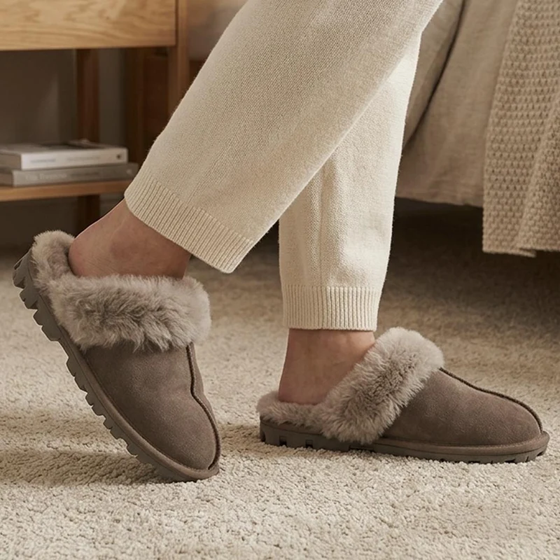 Luxury Leather Mule Slippers W/ Warm Linings - DUO44013 / 329 822 - Taupe