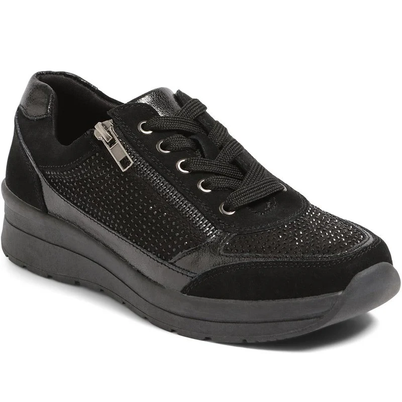 Wide Fit Lace-Up Leather Trainers - BRK35087 / 322 550 - Black