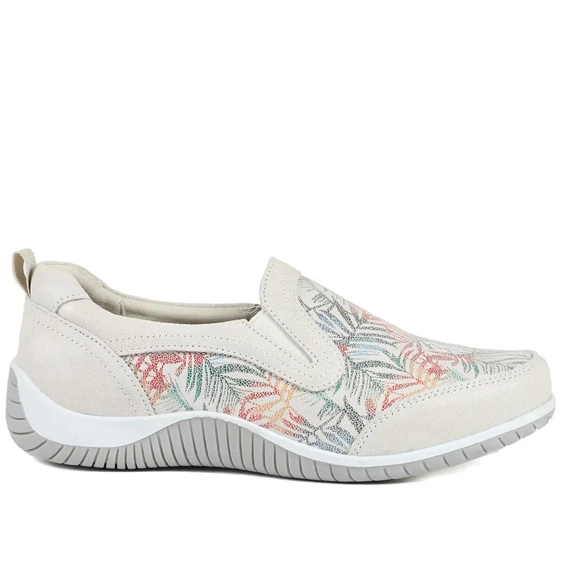 Wide Fit Leather Slip On Comfort Trainers - BRK43025 / 328 915 - BEIGE FLORAL